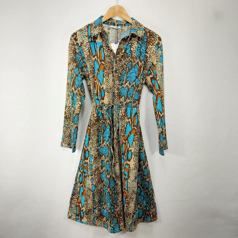 Zara Shirt Dress Small Blue Brown Snake Animal Print Collared Button Long Sleeve
